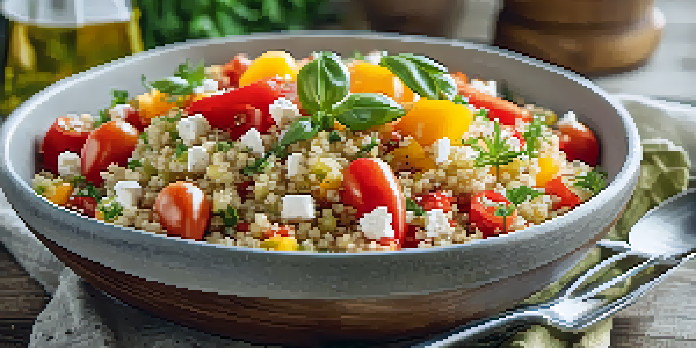 A bowl of quinoa salad with colorful vegetables and feta cheese in a sunny kitchen setting.
