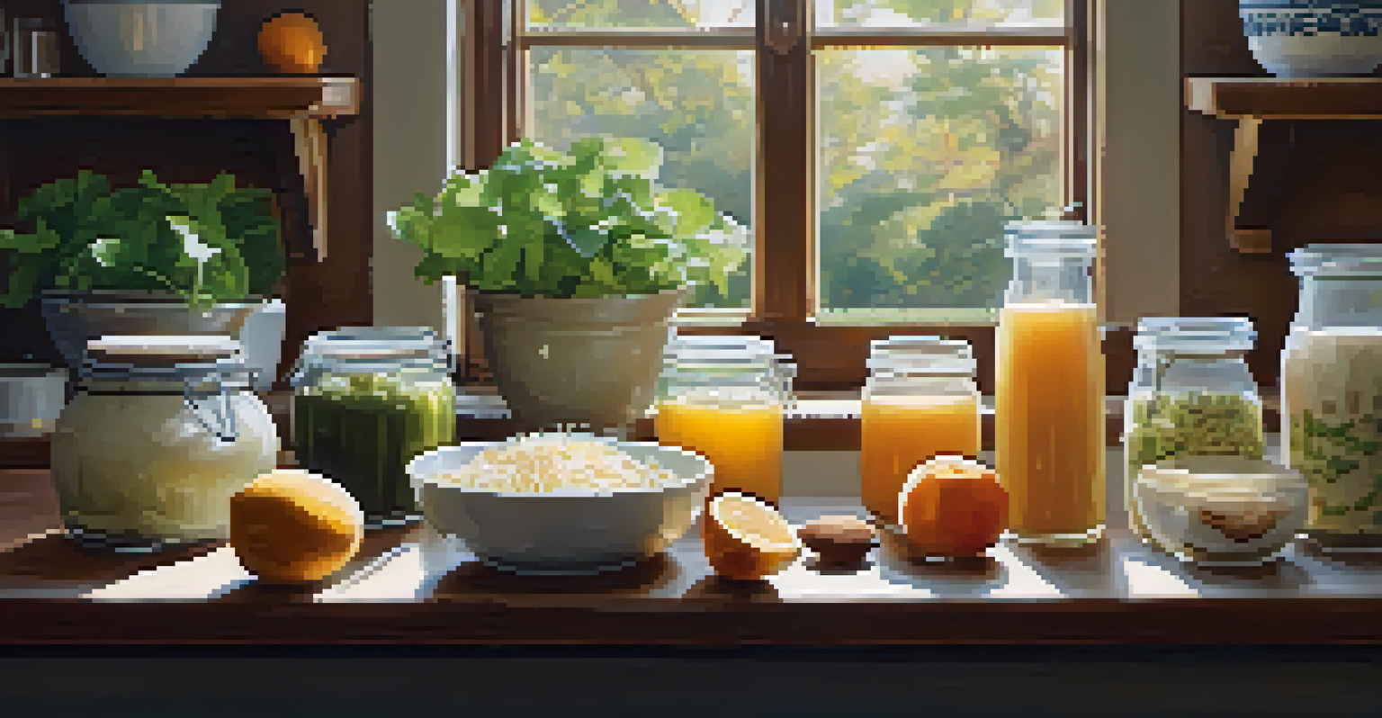 A kitchen display featuring jars of sauerkraut, bowls of yogurt with fruits, and a dish of miso, illuminated by warm lighting.