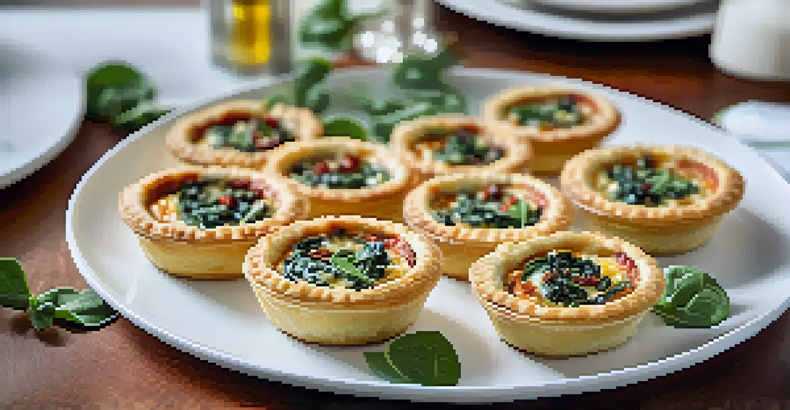 A plate of mini quiches filled with spinach and feta on a beautifully set dining table.