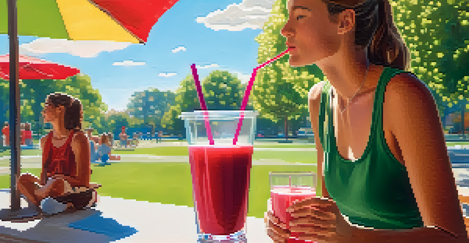 An athlete sipping a green smoothie made with spinach and mixed berries, sitting outside in a sunny park.