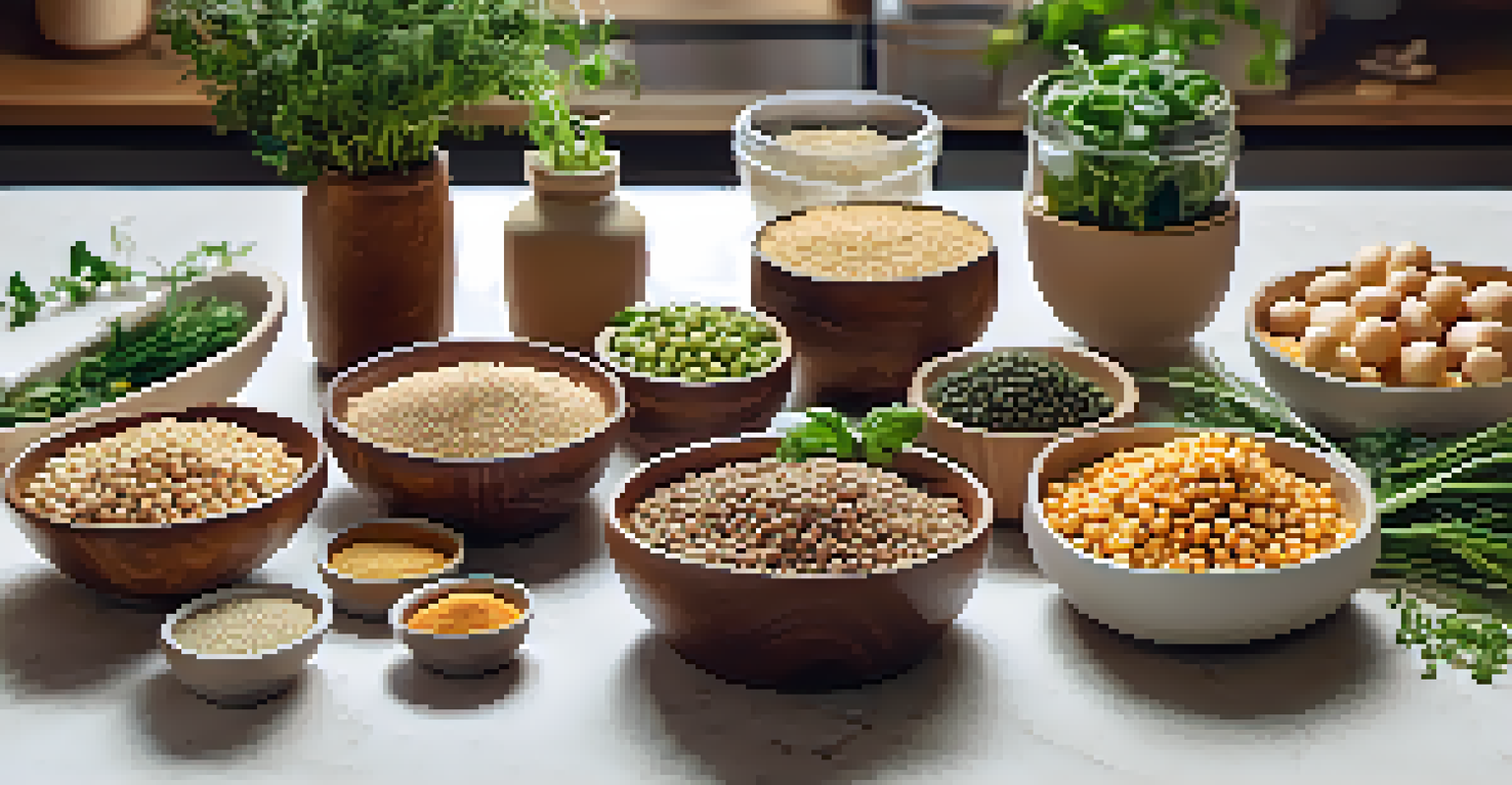 An assortment of lentils, chickpeas, tofu, and quinoa in bowls on a kitchen counter with fresh herbs in the background.