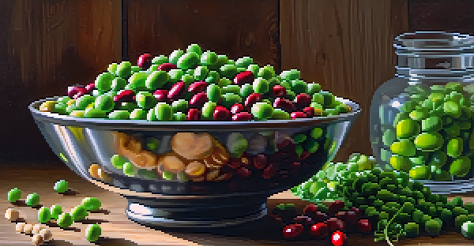 A bowl filled with various colorful legumes, including green peas, red kidney beans, and chickpeas, on a wooden table with herbs and sunlight.