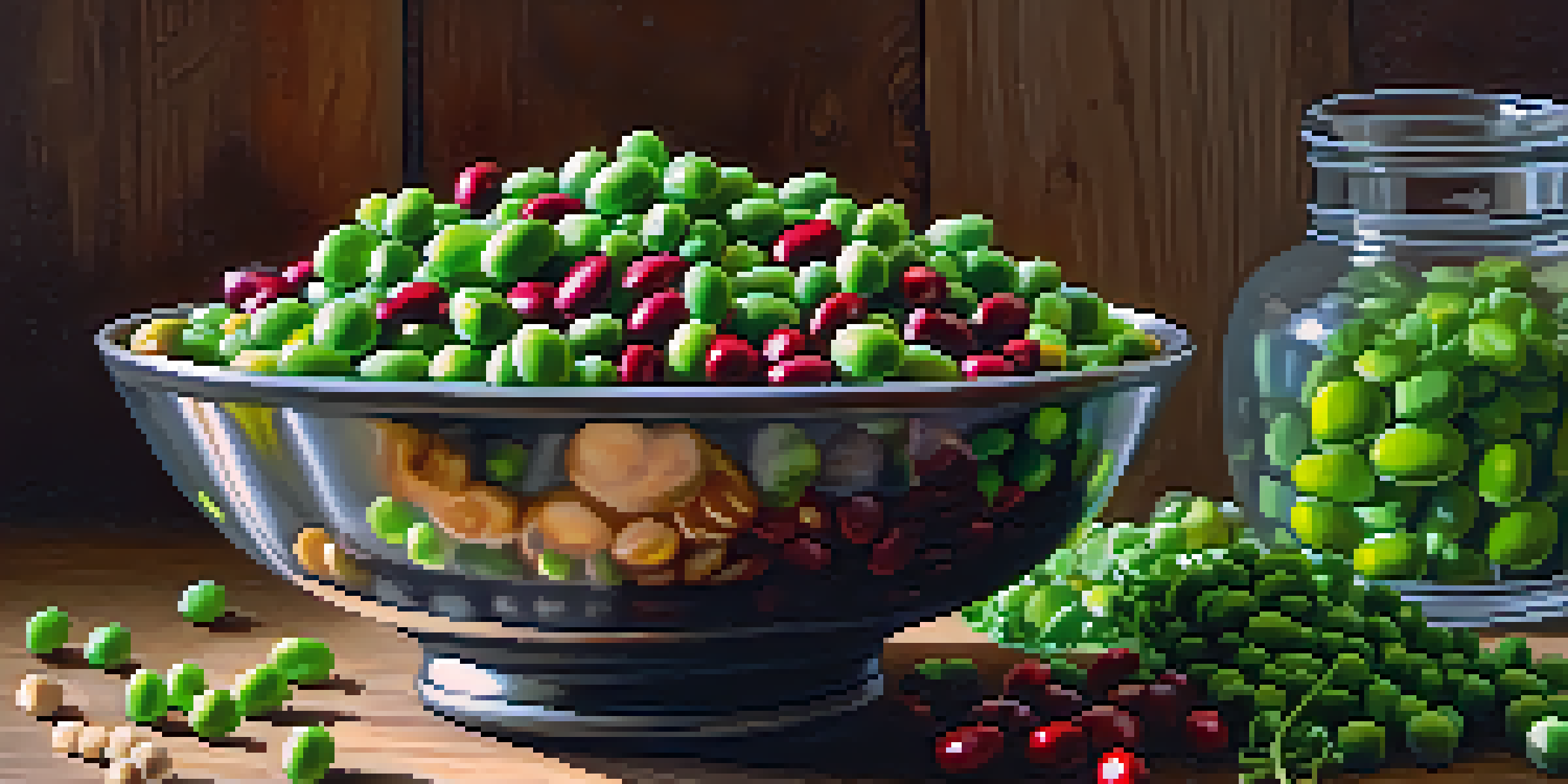 A bowl filled with various colorful legumes, including green peas, red kidney beans, and chickpeas, on a wooden table with herbs and sunlight.