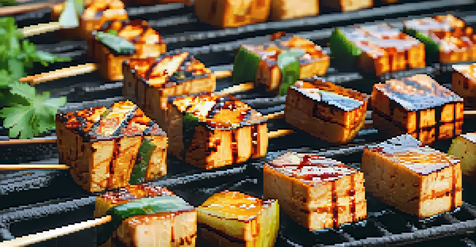 Grilled marinated tofu cubes on a barbecue with char marks, accompanied by colorful vegetable skewers in the background.