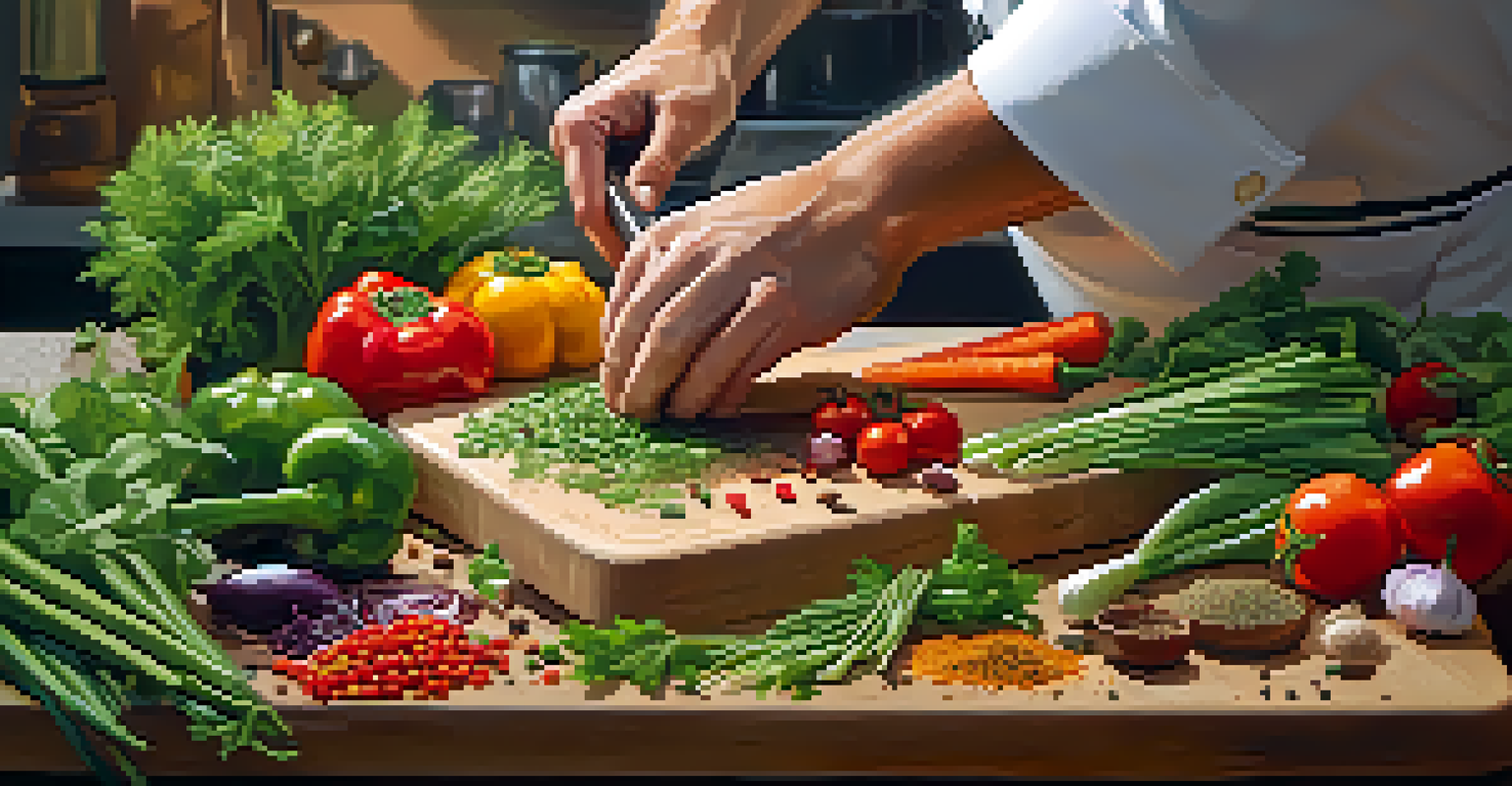 A chef chopping fresh herbs in a bright kitchen, surrounded by colorful vegetables and spices.