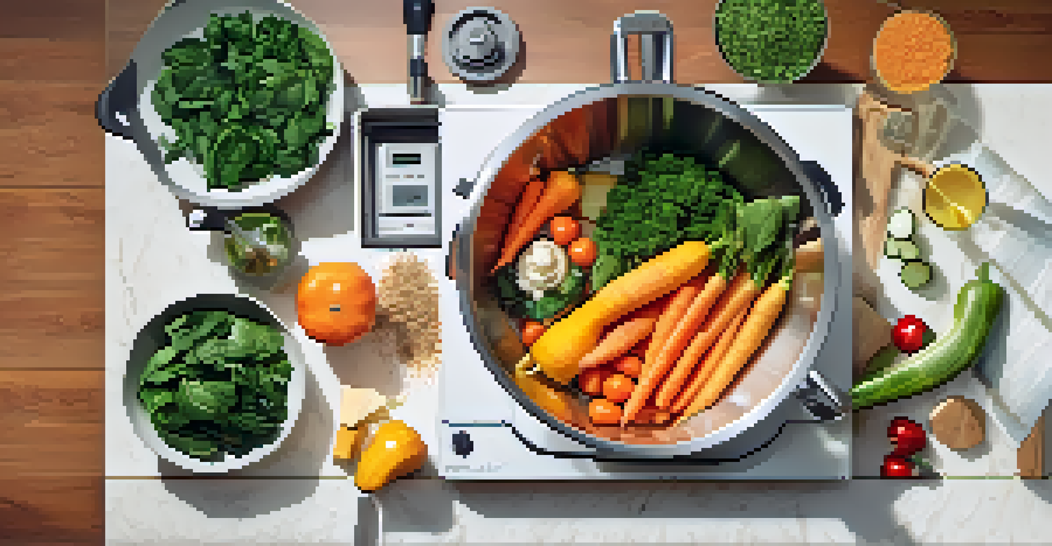 An overhead view of fresh vegetables and a high-speed blender on a kitchen counter, ready for making creamy soup.