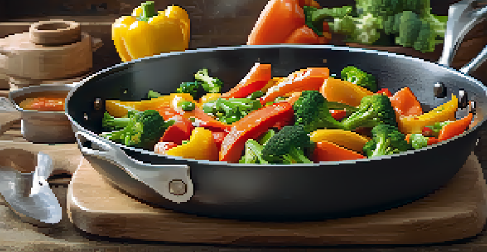 A colorful vegetable stir-fry in a pan with steam rising, featuring fresh bell peppers, broccoli, and carrots on a wooden kitchen table.
