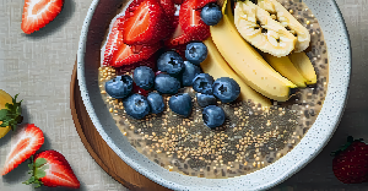 A close-up of a smoothie bowl topped with chia seeds, banana slices, strawberries, and honey, placed on a linen napkin with a wooden spoon beside it, illuminated by natural light.