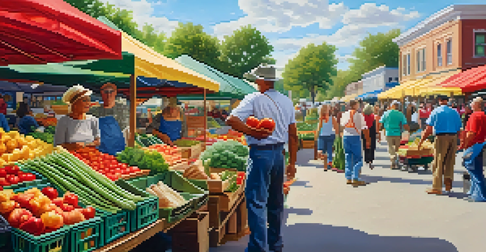 A busy farmer's market filled with colorful fresh fruits and vegetables, with people shopping and enjoying the sunny day.
