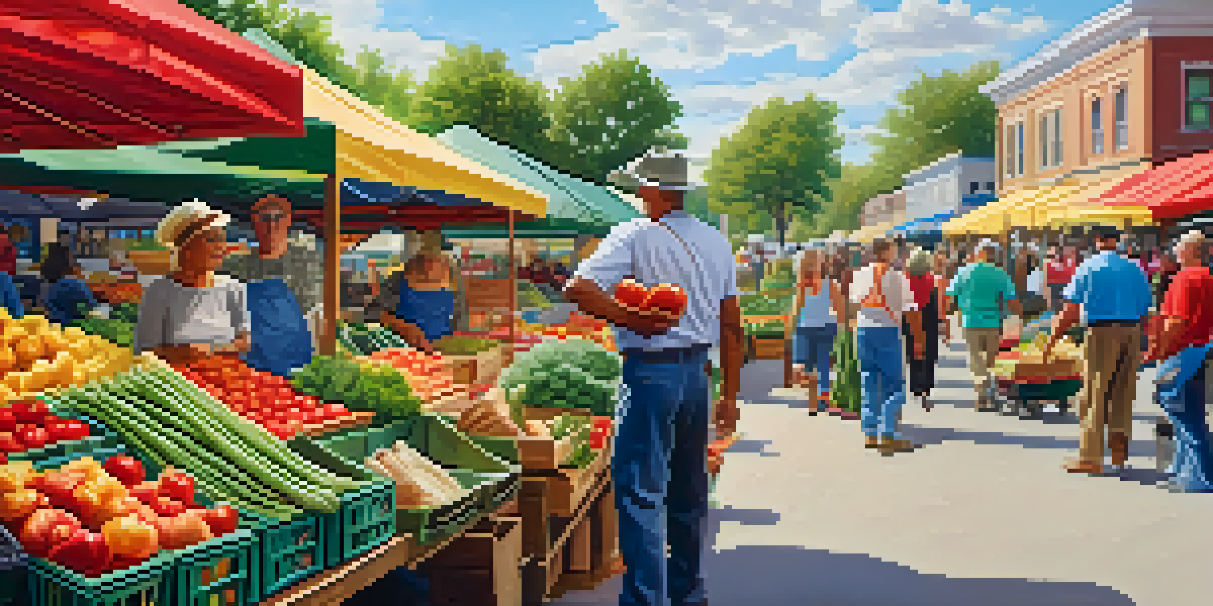 A busy farmer's market filled with colorful fresh fruits and vegetables, with people shopping and enjoying the sunny day.