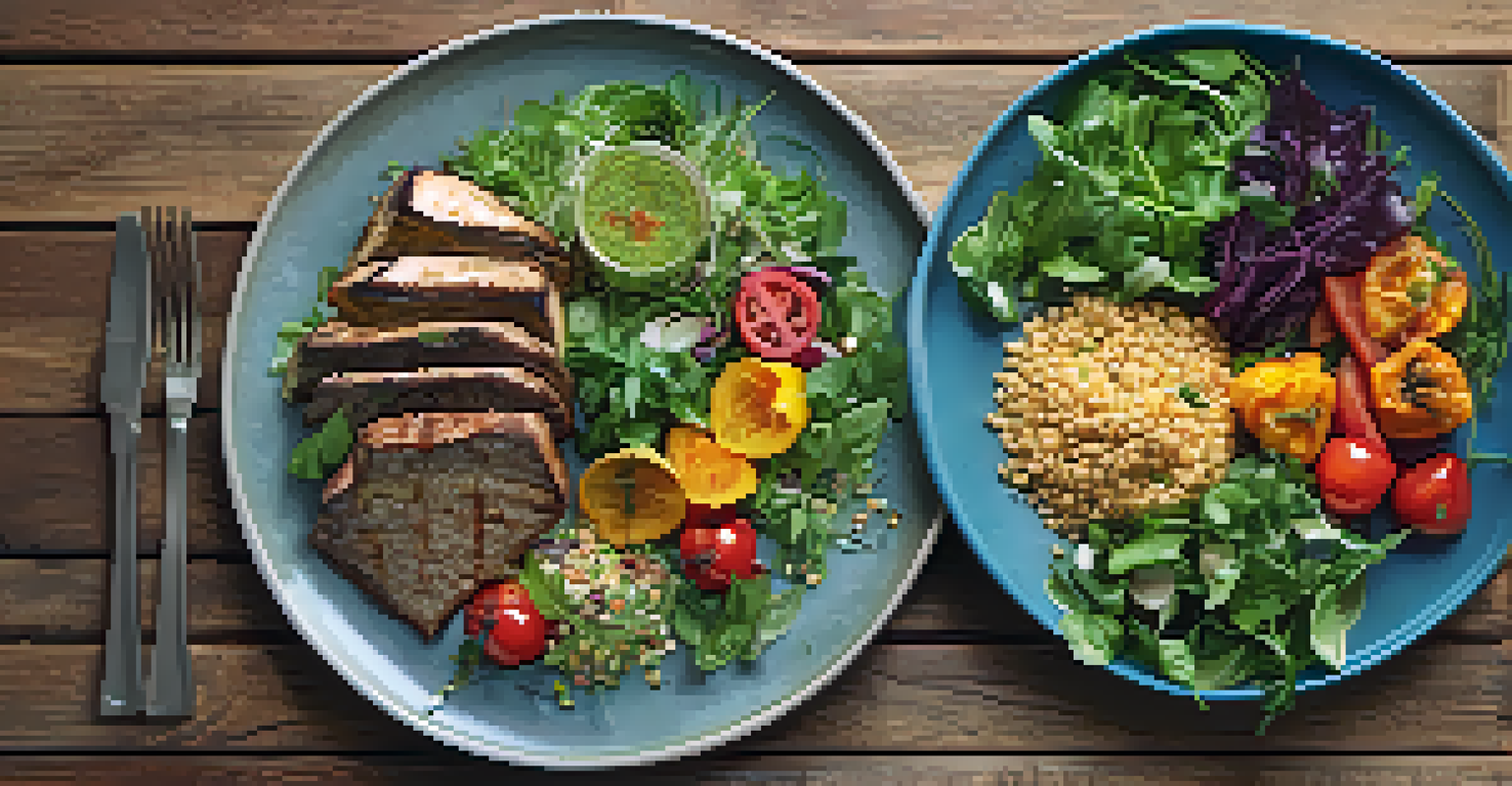 A colorful vegetarian meal on a wooden table, featuring quinoa, roasted vegetables, and a fresh salad, lit by natural light.