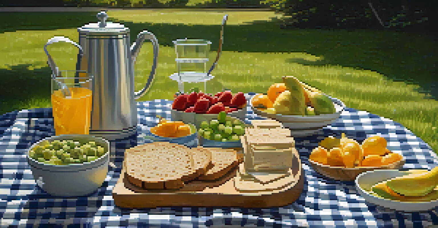A picnic spread on a checkered blanket in a grassy area, featuring organic vegetarian dishes and infused water, with sunlight filtering through trees.