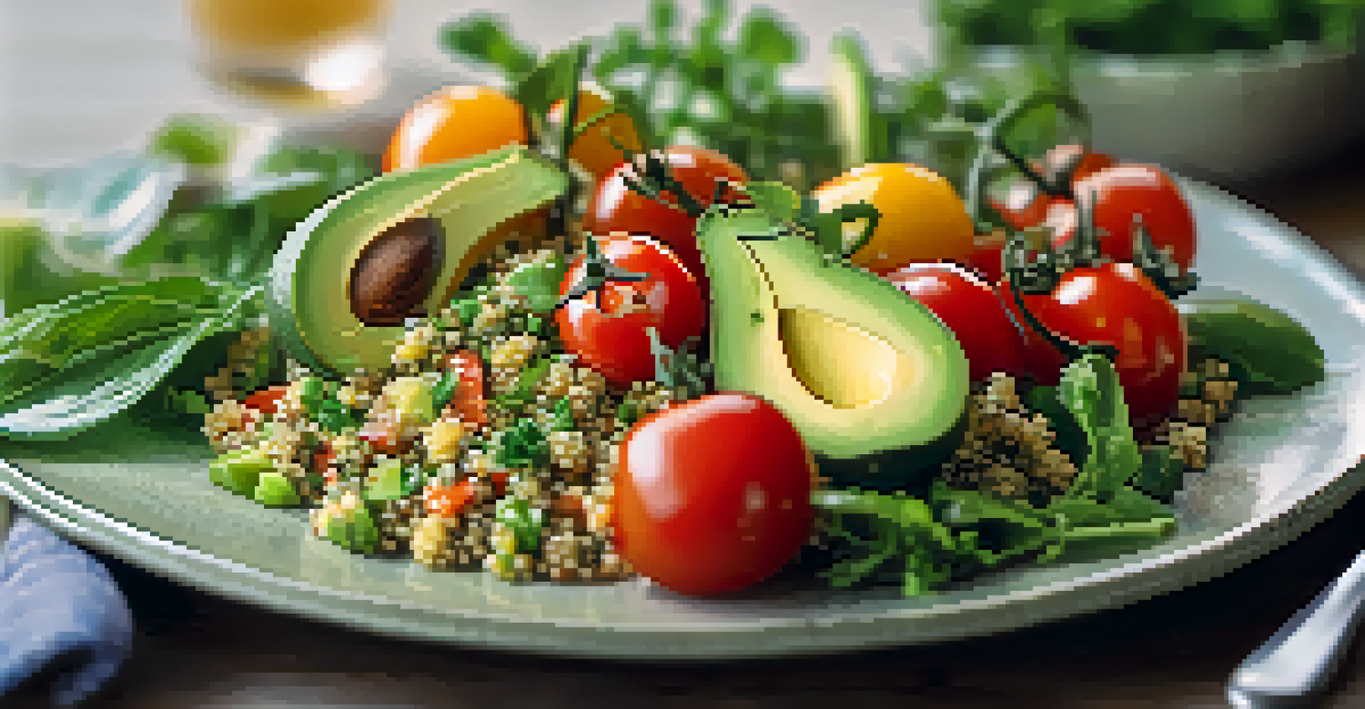 A close-up view of a colorful vegetarian plate with quinoa salad, avocado slices, and fresh vegetables, beautifully arranged.