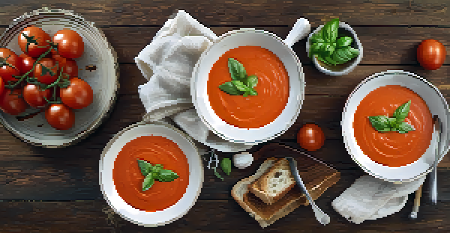 An overhead view of a bowl of creamy tomato soup garnished with basil and olive oil, with a slice of bread on a rustic table.