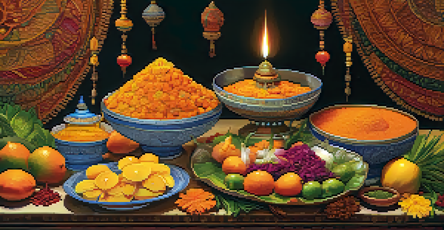 A colorful vegetarian feast displayed on a table during a Hindu festival, adorned with flowers and lamps.