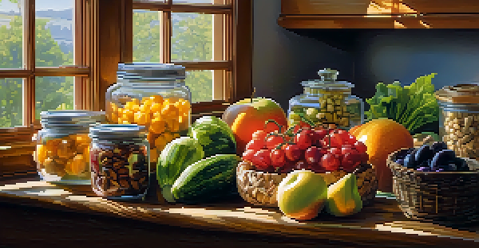 A bright kitchen with colorful fruits and vegetables on a wooden table, illuminated by sunlight, conveying a healthy lifestyle.