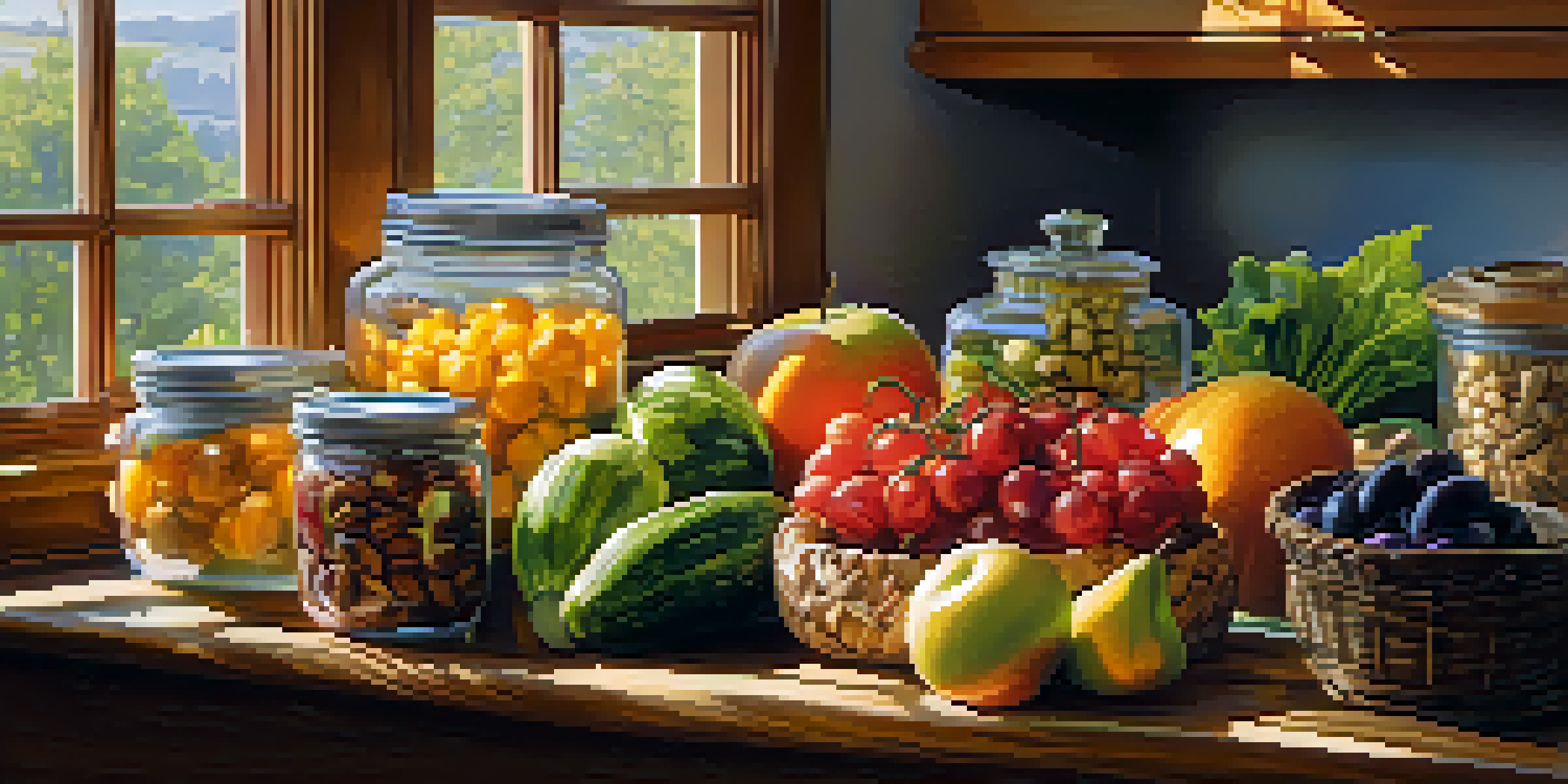 A bright kitchen with colorful fruits and vegetables on a wooden table, illuminated by sunlight, conveying a healthy lifestyle.