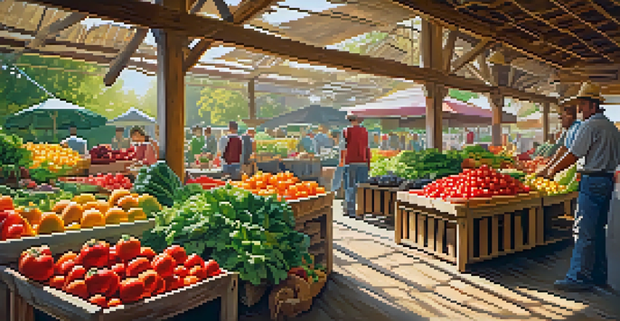 A farmer's market filled with colorful organic fruits and vegetables, with sunlight filtering through a canopy.
