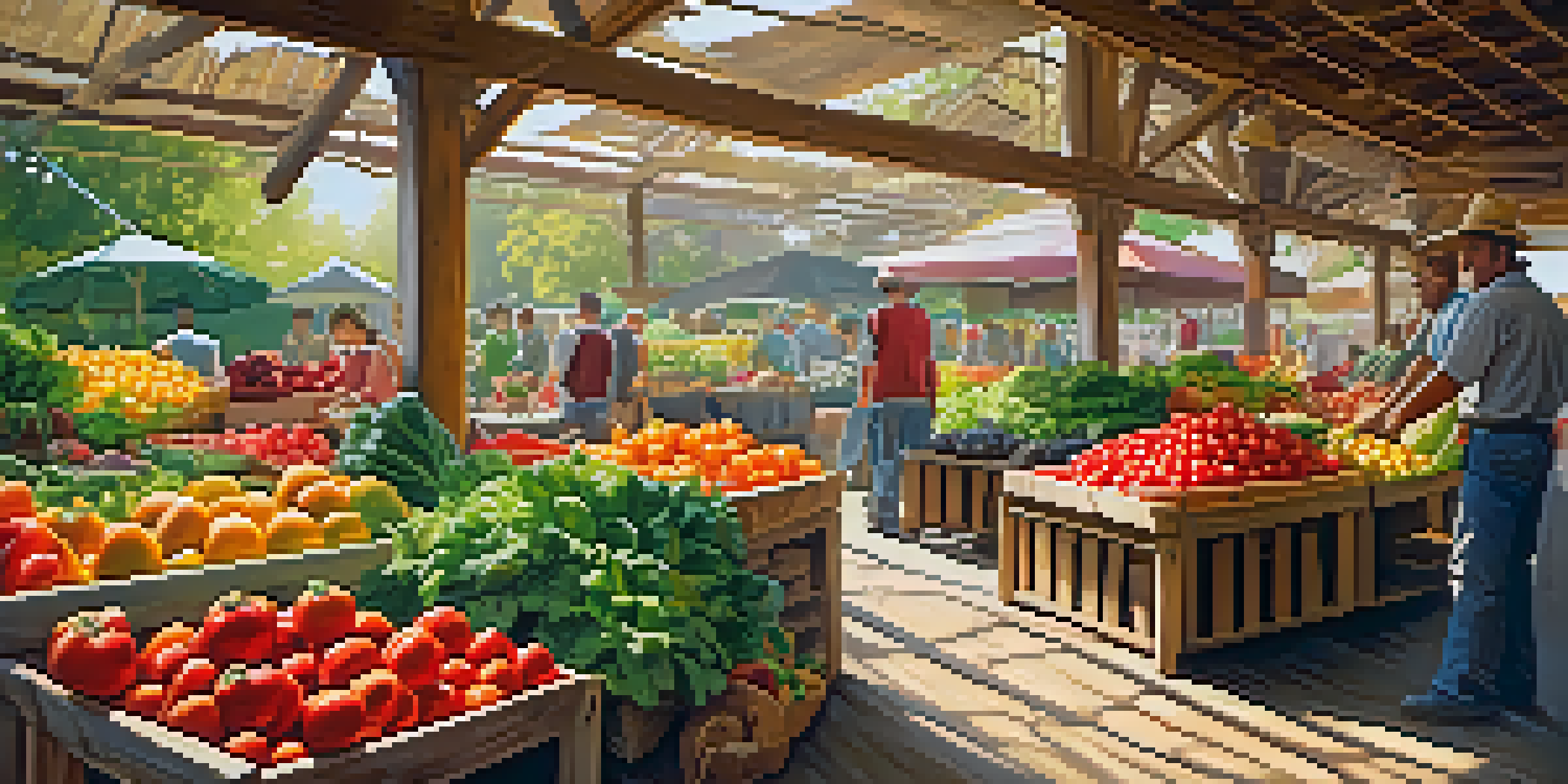 A farmer's market filled with colorful organic fruits and vegetables, with sunlight filtering through a canopy.
