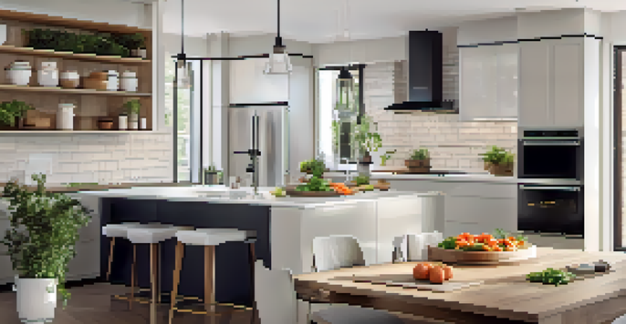A bright modern kitchen showcasing smart appliances like a refrigerator and induction cooktop, with fresh vegetables and a smartphone on the countertop.