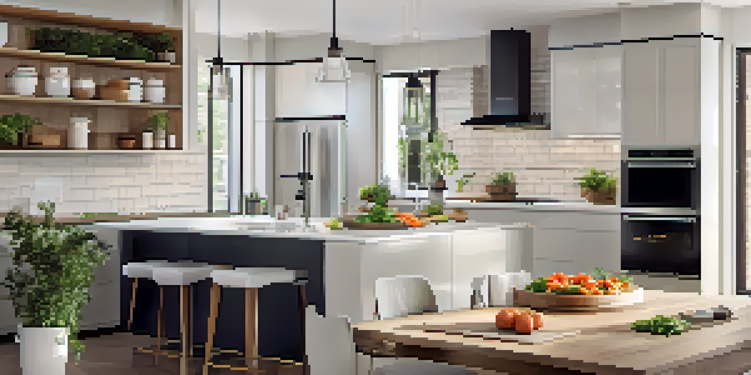A bright modern kitchen showcasing smart appliances like a refrigerator and induction cooktop, with fresh vegetables and a smartphone on the countertop.