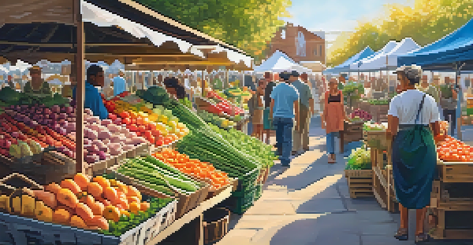 A lively farmers' market with colorful fresh produce and people engaging with local farmers under warm sunlight.
