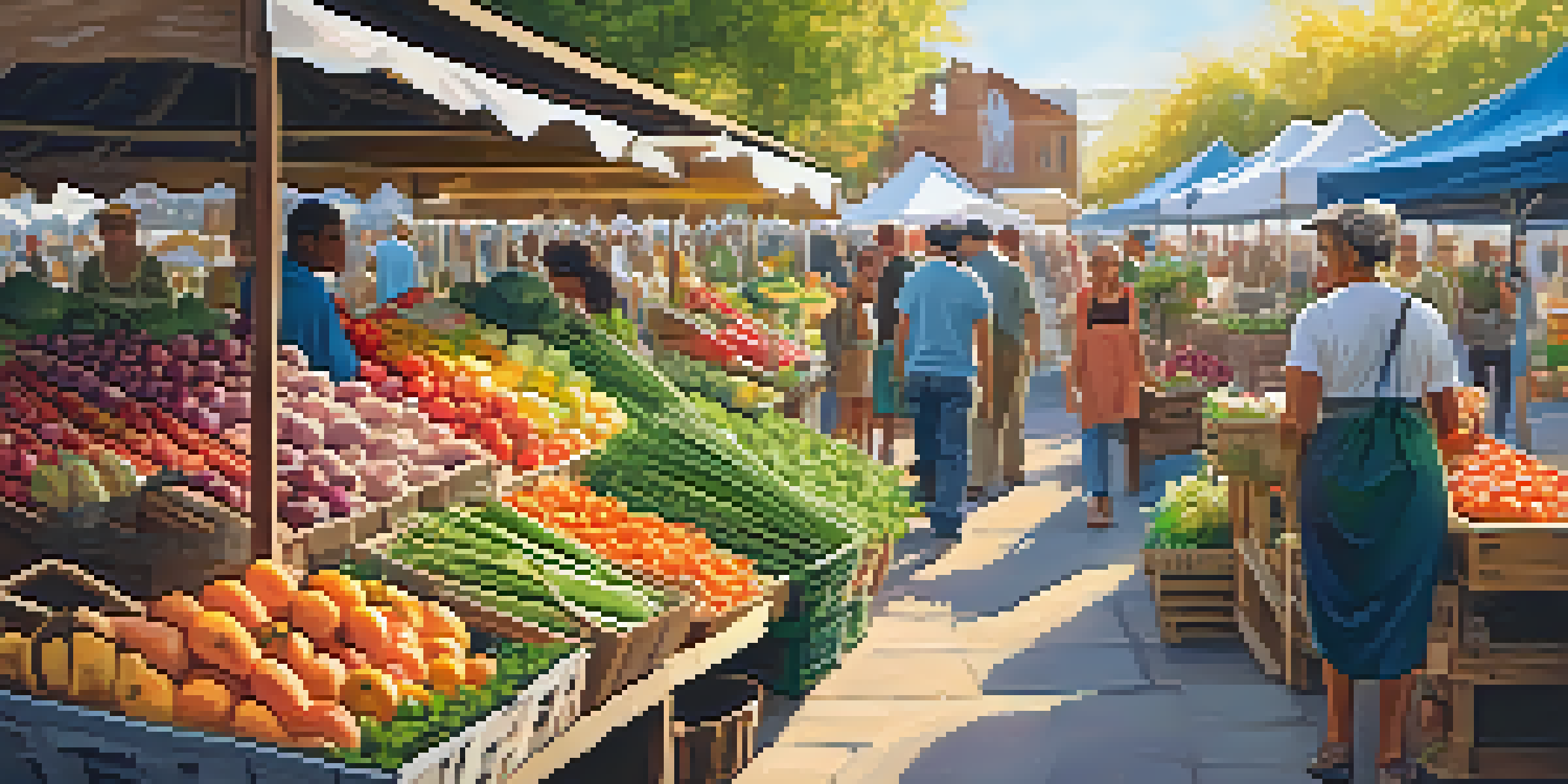 A lively farmers' market with colorful fresh produce and people engaging with local farmers under warm sunlight.