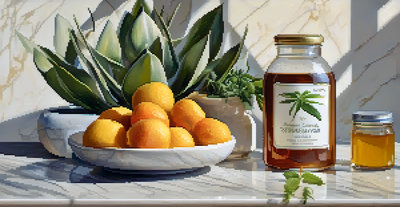 An artistic display of plant-based sweeteners including agave nectar, monk fruit, and stevia, surrounded by fresh fruits and herbs on a marble countertop.