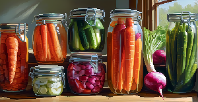 A bright kitchen with jars of colorful fermented vegetables like carrots, cucumbers, and radishes on a wooden countertop.