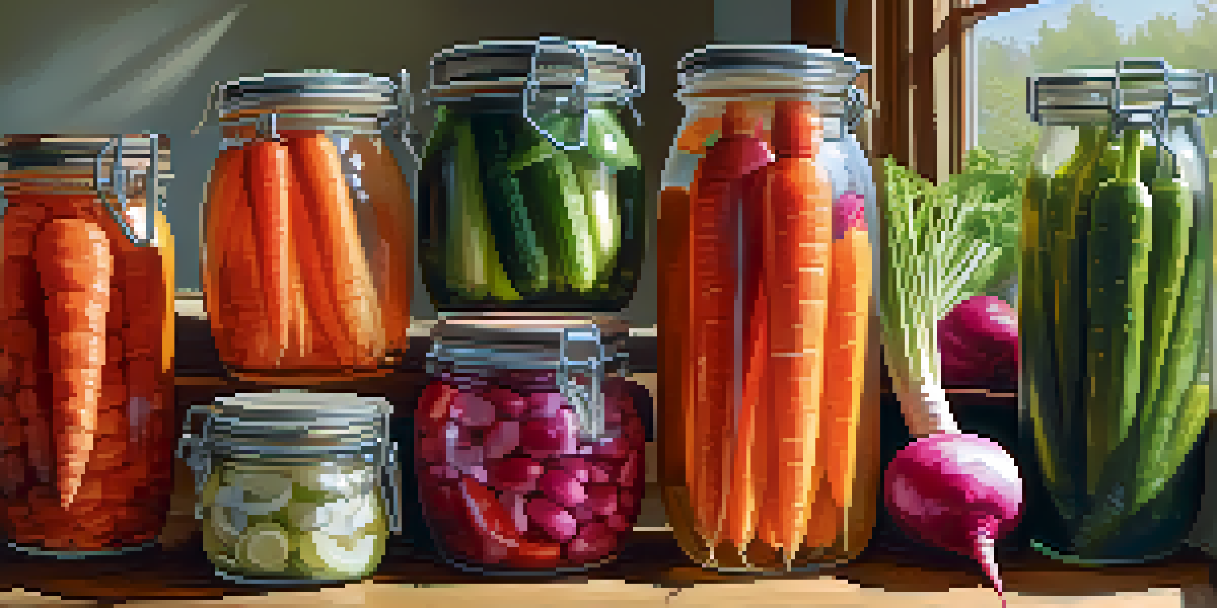 A bright kitchen with jars of colorful fermented vegetables like carrots, cucumbers, and radishes on a wooden countertop.