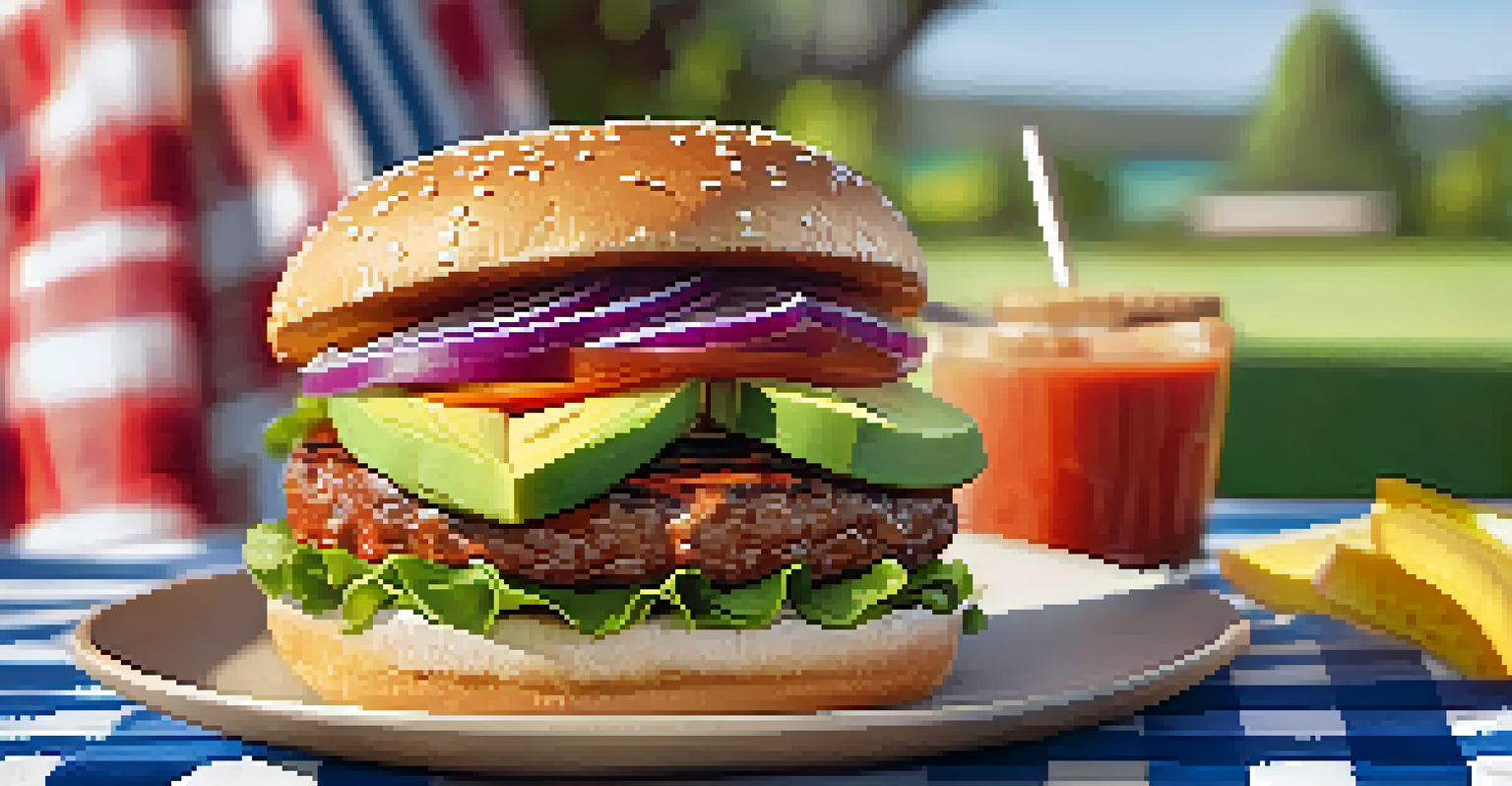 A close-up view of a layered vegetarian burger with vegetables and sauce, set against a blurred picnic background with warm sunlight.