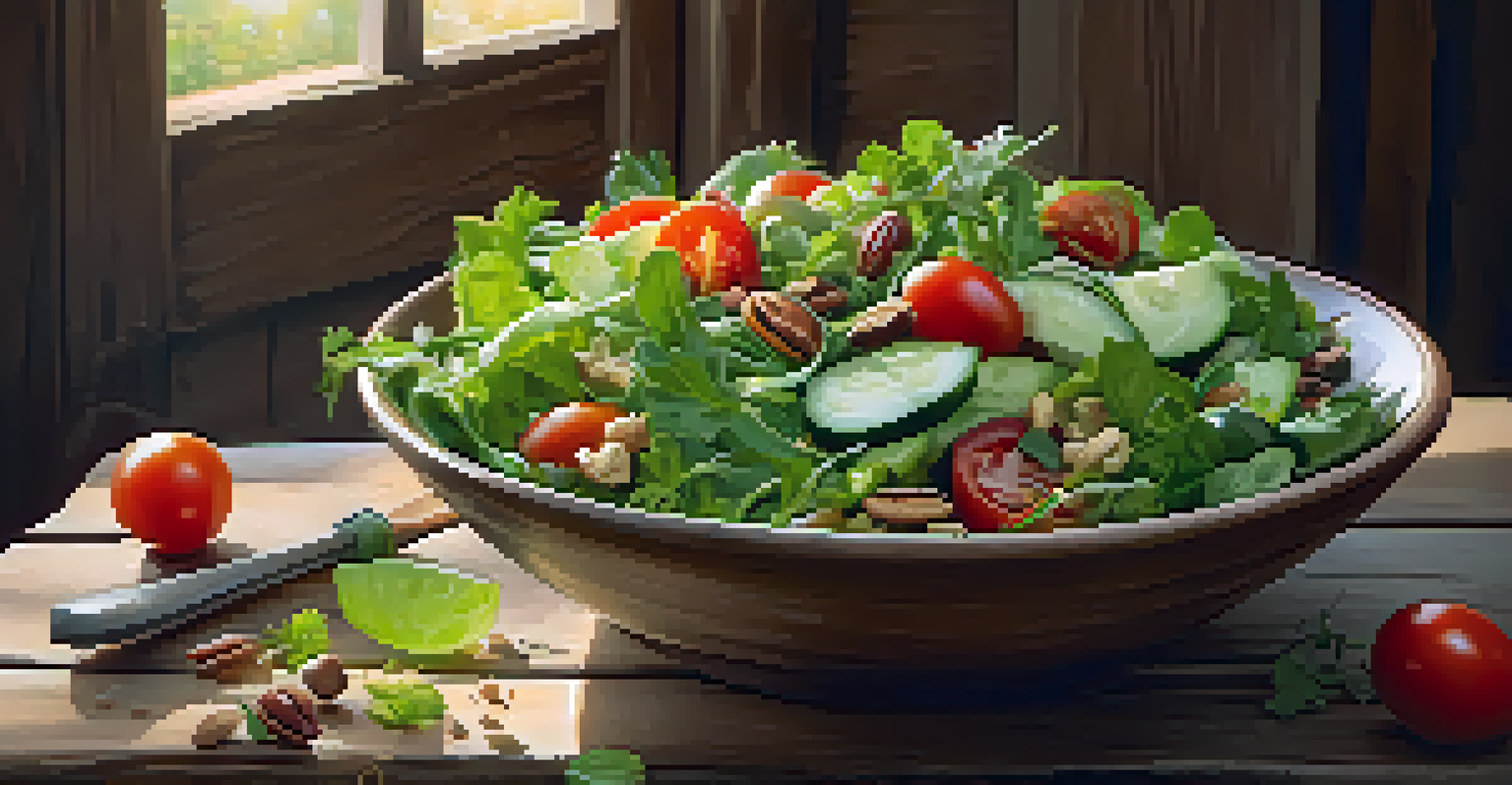 A close-up of a salad bowl filled with greens, tomatoes, cucumber, nuts, and seeds on a rustic wooden surface.