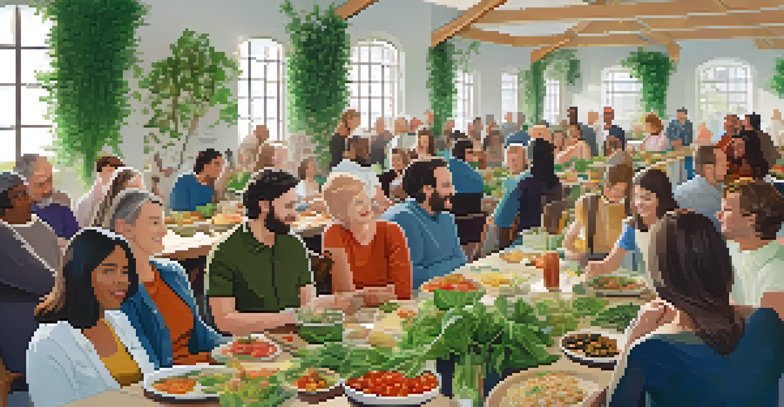 A diverse group of people gathered in a church hall discussing vegetarianism, surrounded by plant decorations and natural light.