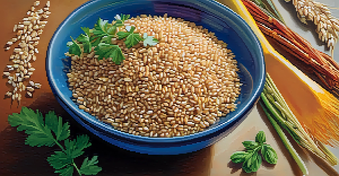 A vibrant bowl filled with various whole grains like quinoa, brown rice, and barley, garnished with herbs.