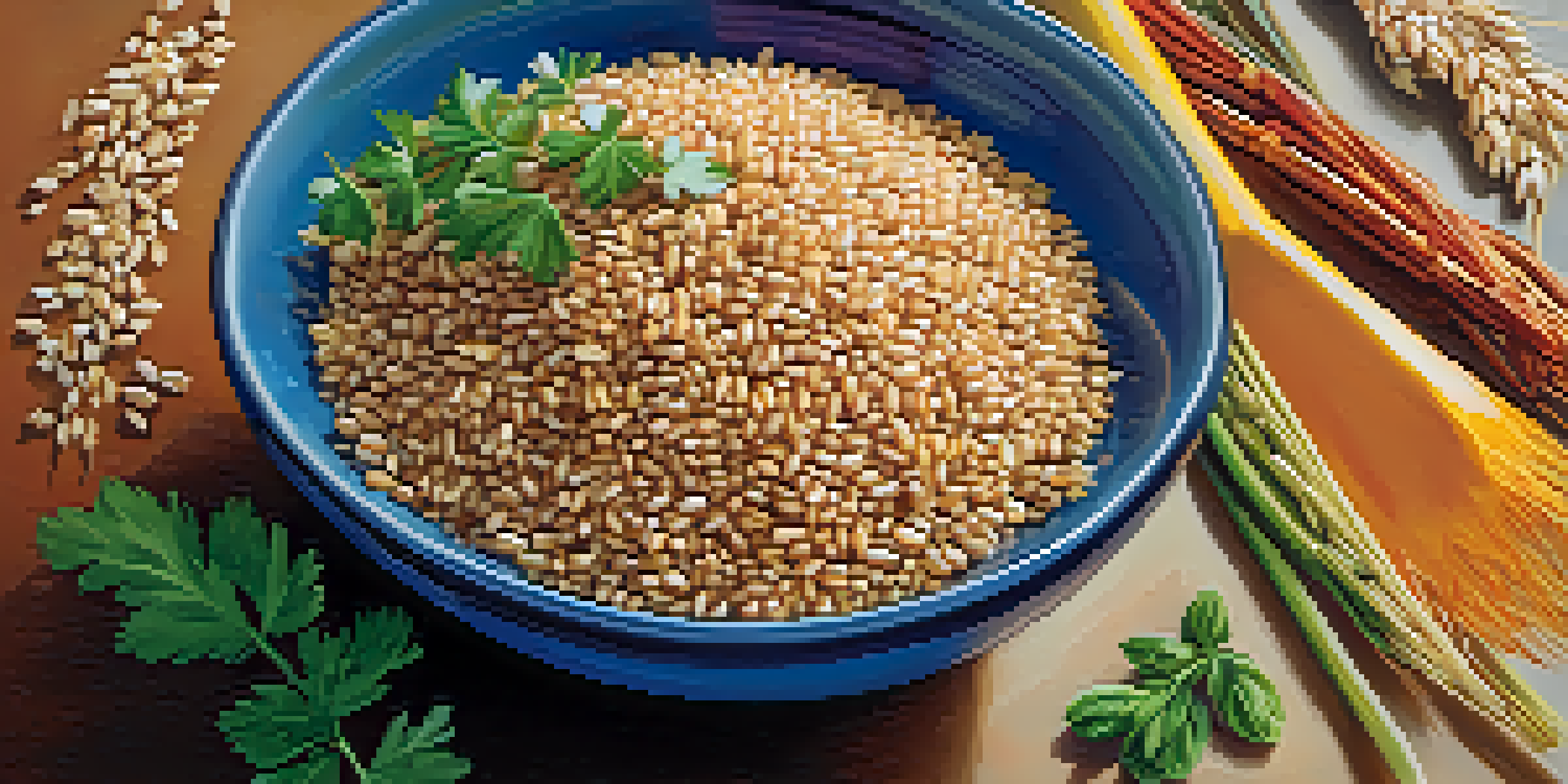 A vibrant bowl filled with various whole grains like quinoa, brown rice, and barley, garnished with herbs.