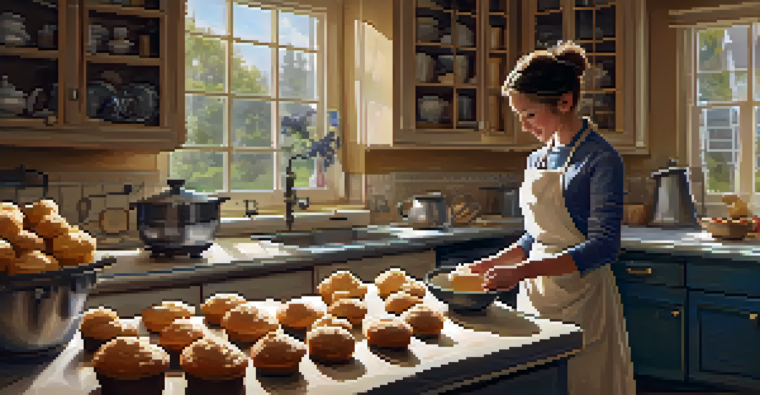 A novice baker measuring ingredients for muffins in a cozy kitchen filled with flour and fresh fruits, with muffins cooling in the background.