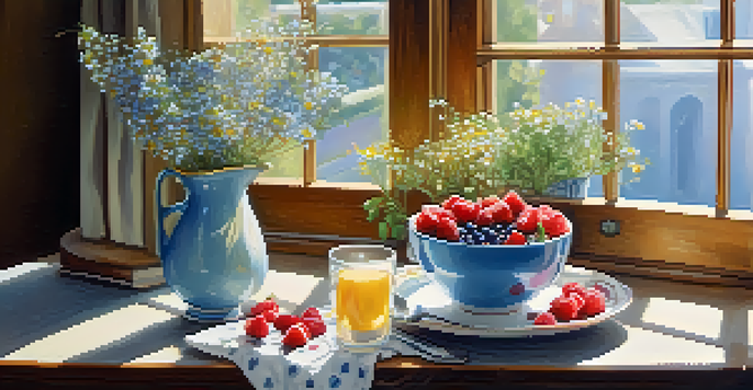 A bright breakfast scene with oatmeal topped with flaxseeds and berries, alongside a cup of tea and flowers on a wooden table.