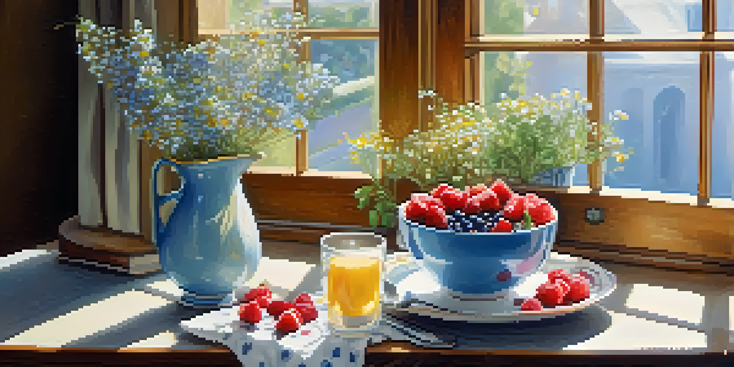 A bright breakfast scene with oatmeal topped with flaxseeds and berries, alongside a cup of tea and flowers on a wooden table.