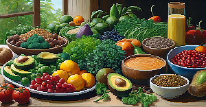 A colorful array of plant-based foods including fruits, vegetables, and legumes on a wooden table, illuminated by natural sunlight.