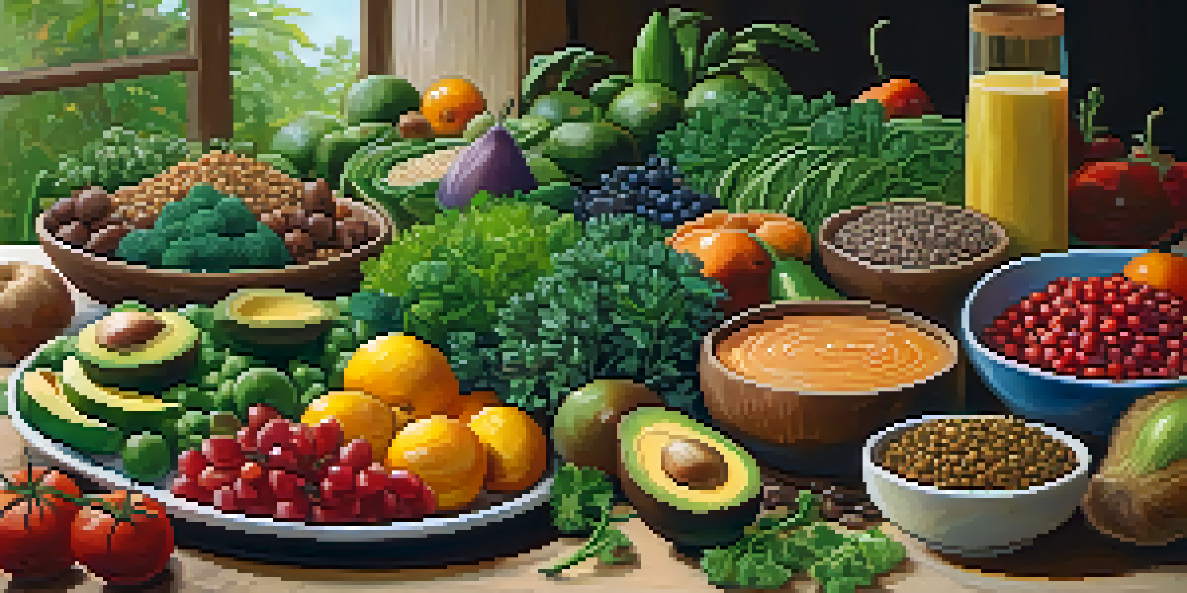 A colorful array of plant-based foods including fruits, vegetables, and legumes on a wooden table, illuminated by natural sunlight.
