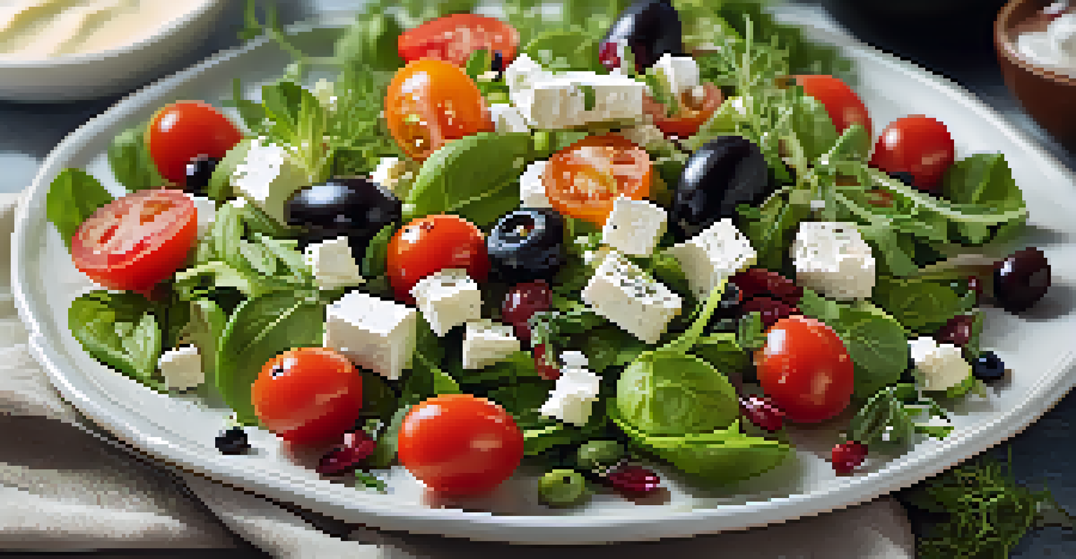 A close-up of a Mediterranean salad with olives, feta cheese, and lemon dressing, beautifully arranged on a plate.