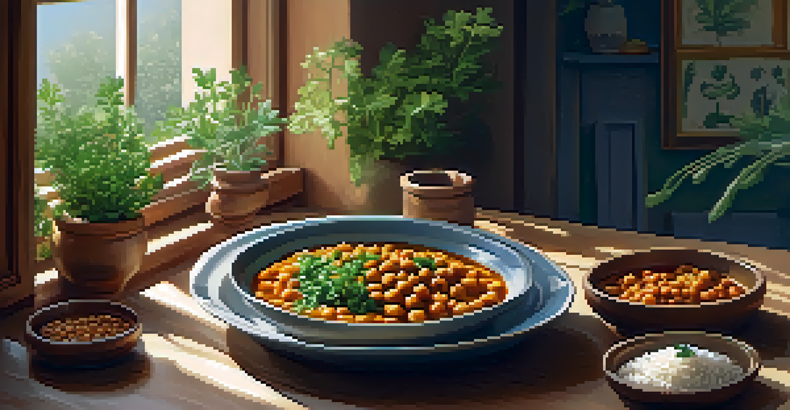 A cozy kitchen featuring a colorful plant-based meal of chickpea curry and rice, illuminated by natural light.
