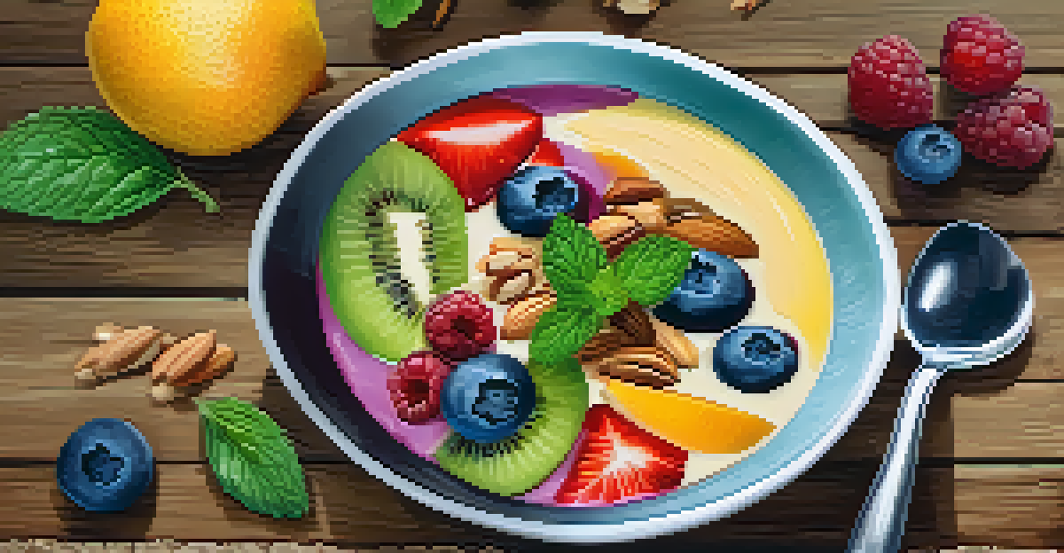 A close-up of a vibrant smoothie bowl garnished with fruits, nuts, and seeds, placed on a rustic wooden surface with natural light enhancing its colors.