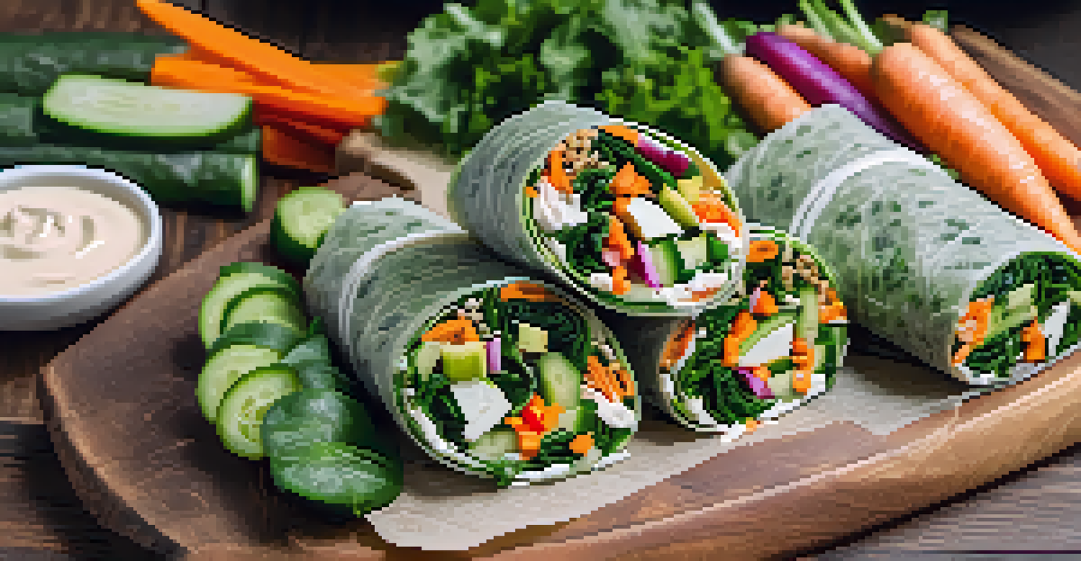 Raw vegetable wraps made with collard greens, filled with carrots and cucumbers, displayed on a wooden platter.