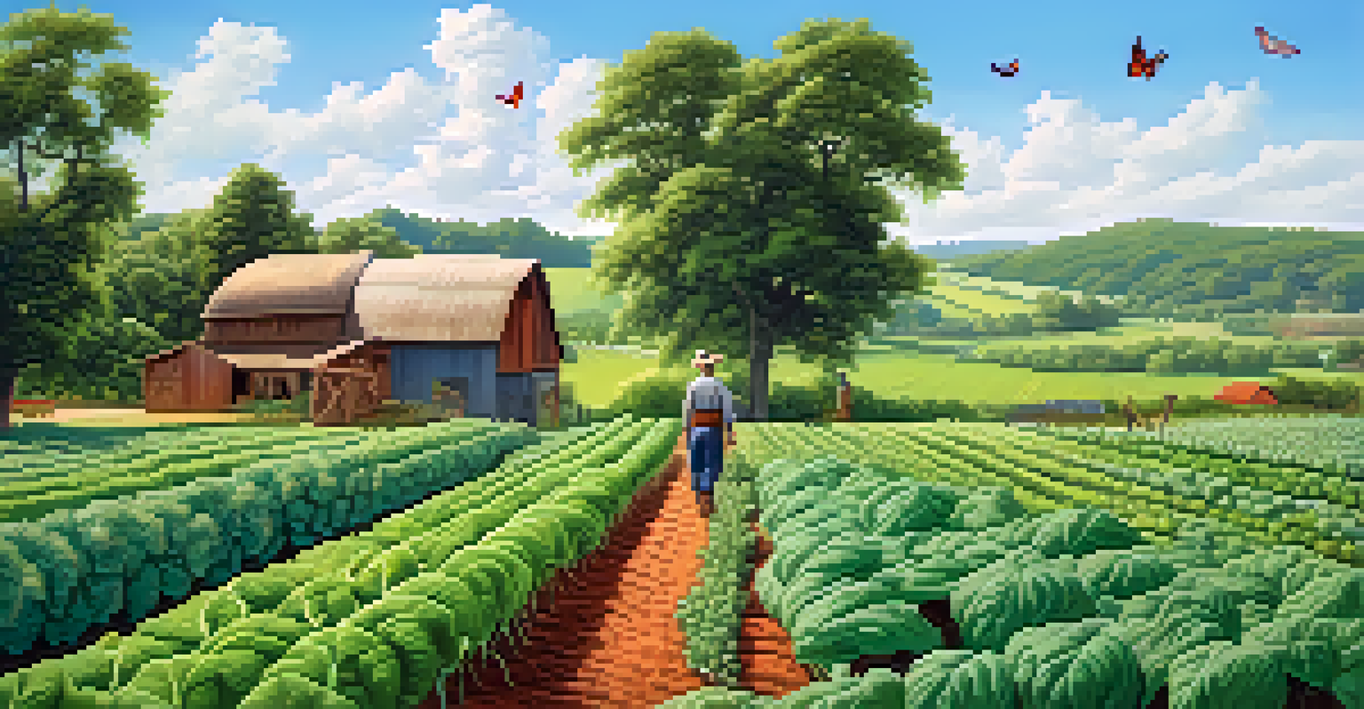 A lush green field with diverse crops and a farmer tending to the plants under a clear blue sky, illustrating sustainable farming.