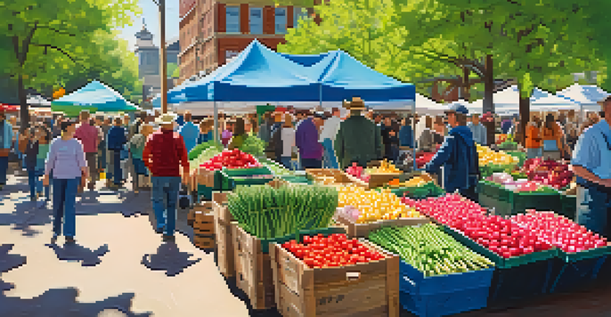 A bustling farmers' market filled with fresh spring produce like asparagus and peas, with sunlight filtering through the trees.