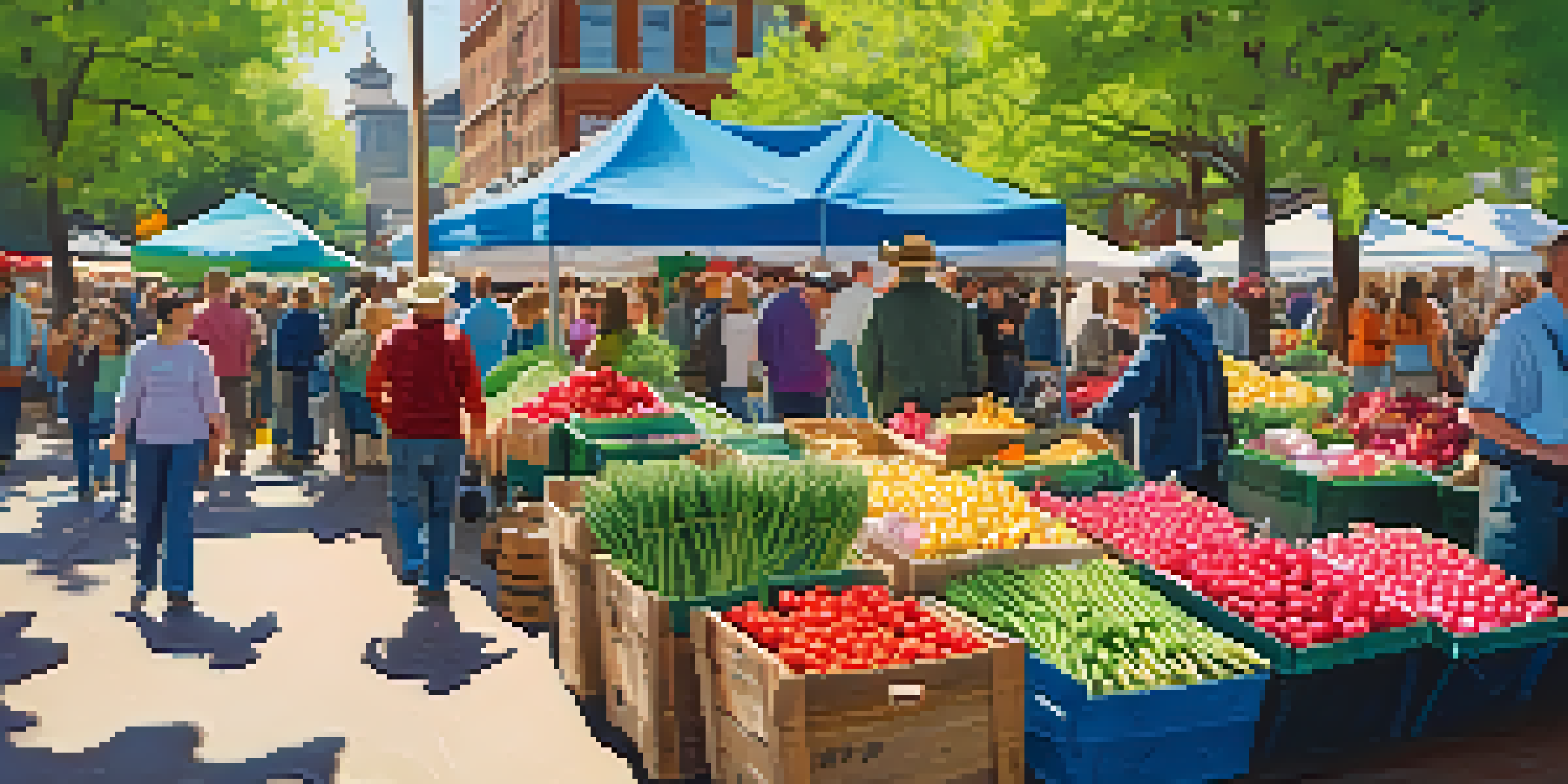 A bustling farmers' market filled with fresh spring produce like asparagus and peas, with sunlight filtering through the trees.