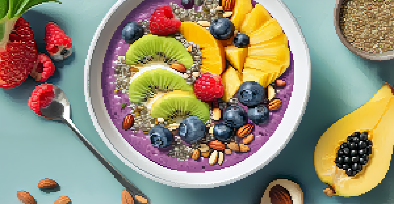 A close-up of a healthy smoothie bowl topped with sliced fruits, nuts, and seeds, showcasing vibrant colors and textures.