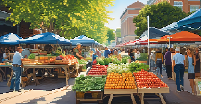 A lively farmer's market with fresh seasonal fruits and vegetables on display, people shopping, and sunlight filtering through the leaves.