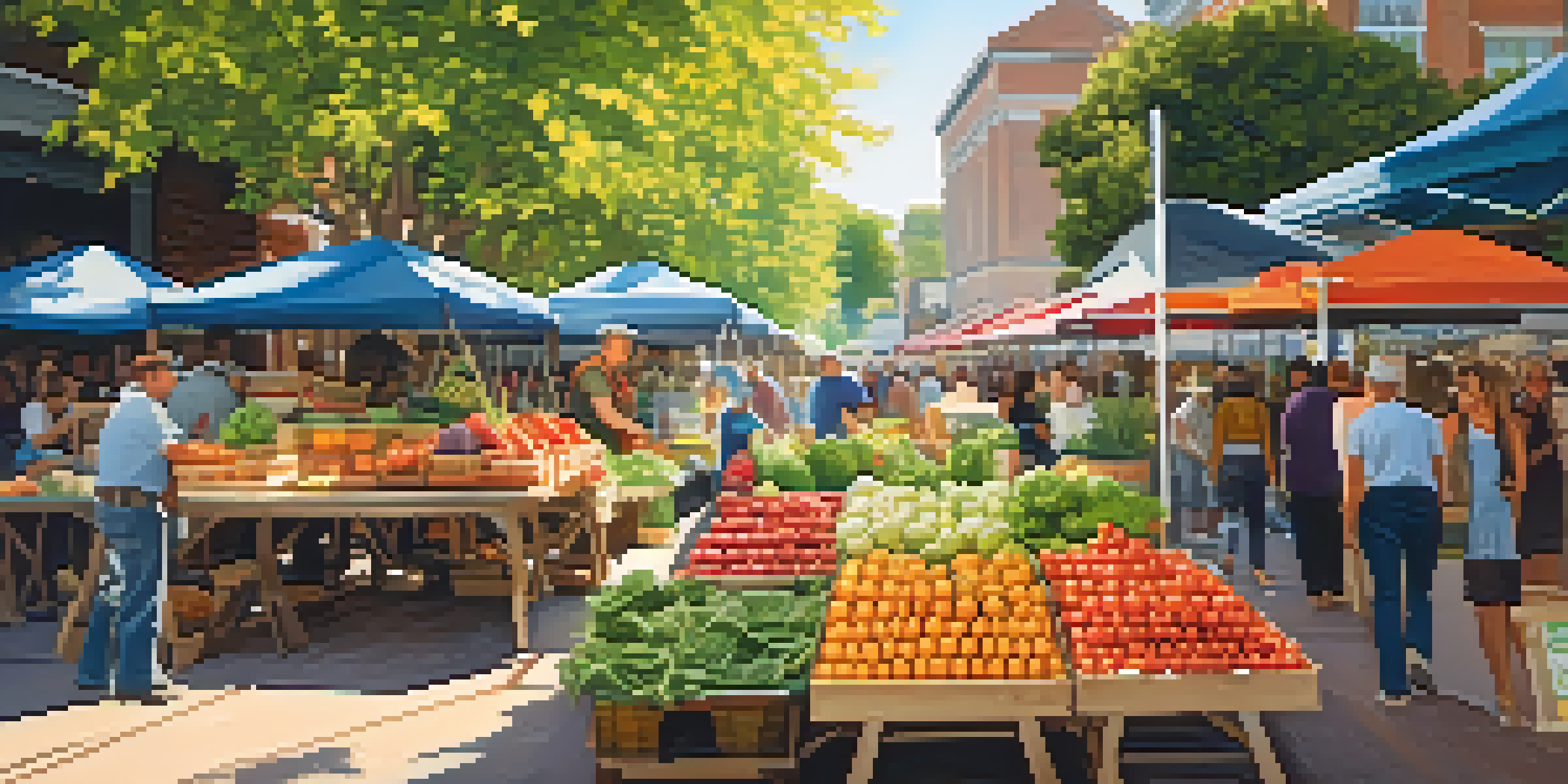 A lively farmer's market with fresh seasonal fruits and vegetables on display, people shopping, and sunlight filtering through the leaves.